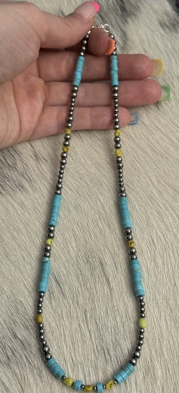 Sterling Silver Green Palomino & Blue Turquoise Navajo Pearl Necklace 17.5”